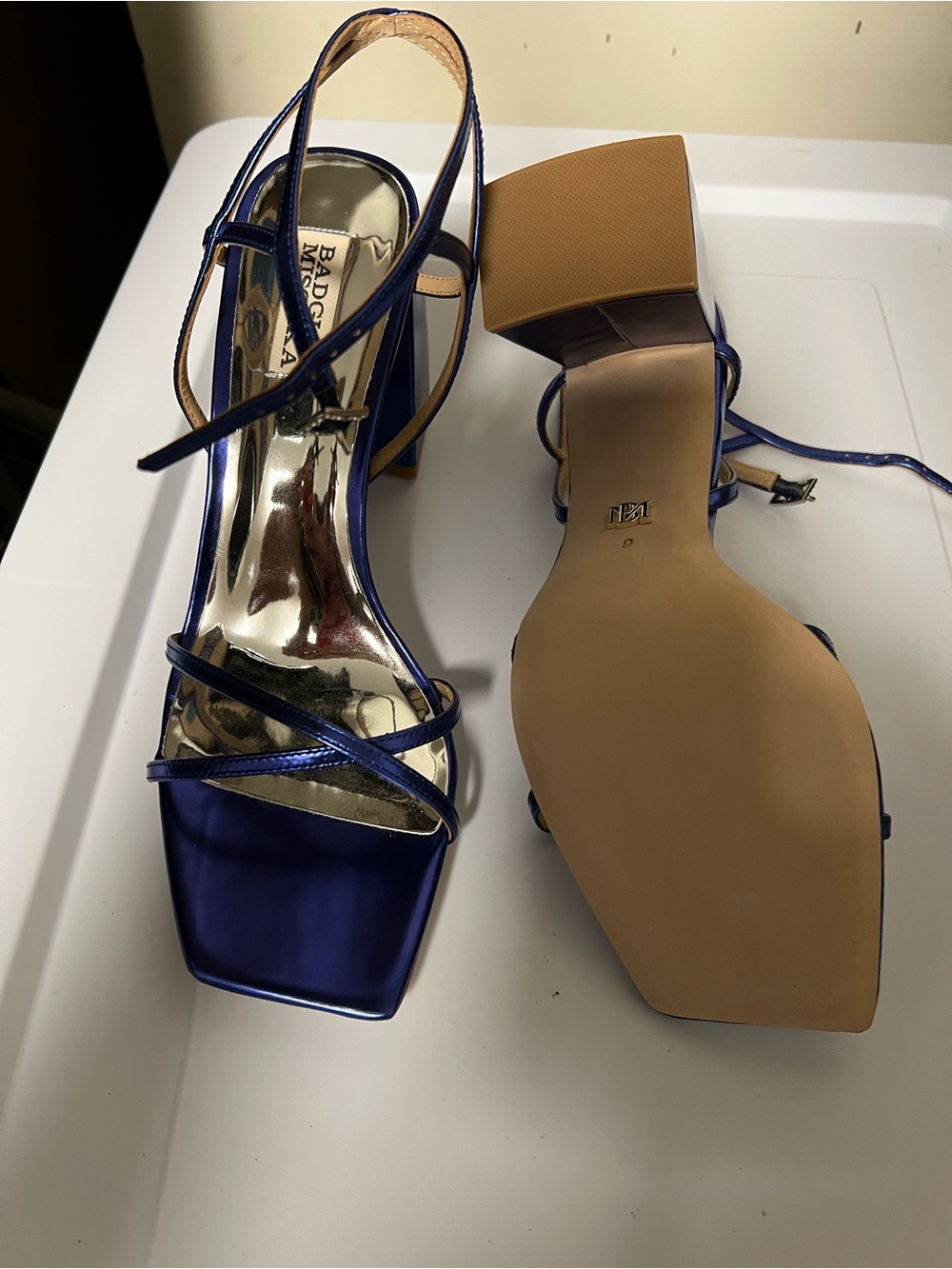 Badgley Mischka Royal Blue Satin Strappy Block Heel Sandals
